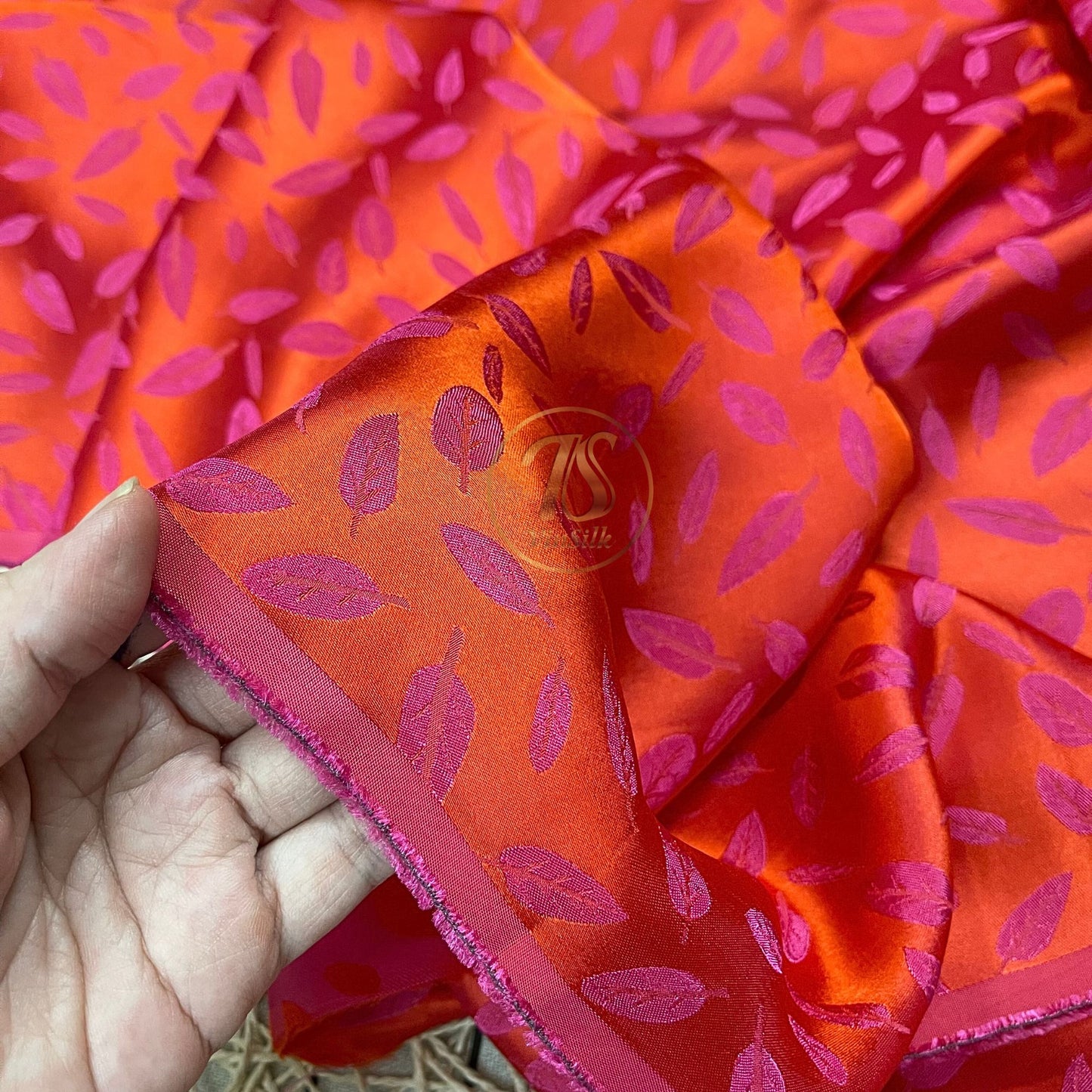 Pink silk with leaf  pattern fabric, handmade fabric, Organic fiber, Vintage textile, Wedding dress, Gift for women, personalized gift