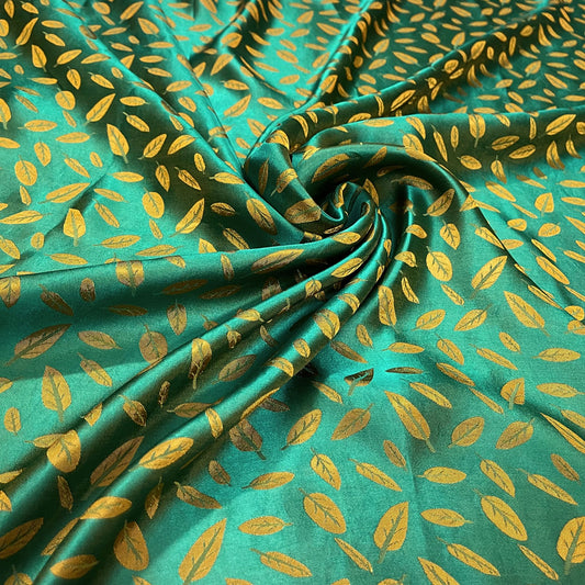 Green yellow silk fabric with mulberry white leaves pattern, Pure mulberry silk, Handmade fabric, Organic fiber, Vintage textile