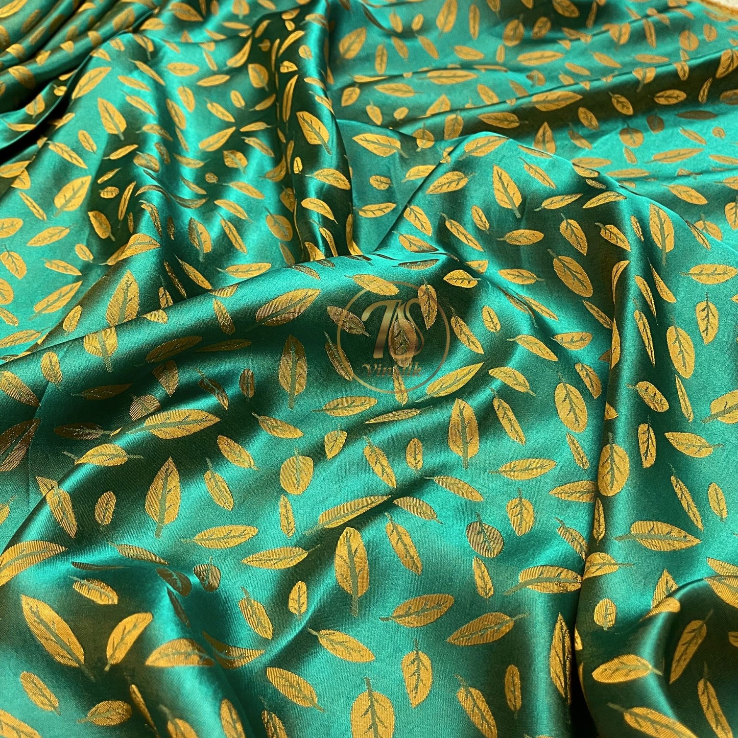 Green yellow silk fabric with mulberry white leaves pattern, Pure mulberry silk, Handmade fabric, Organic fiber, Vintage textile