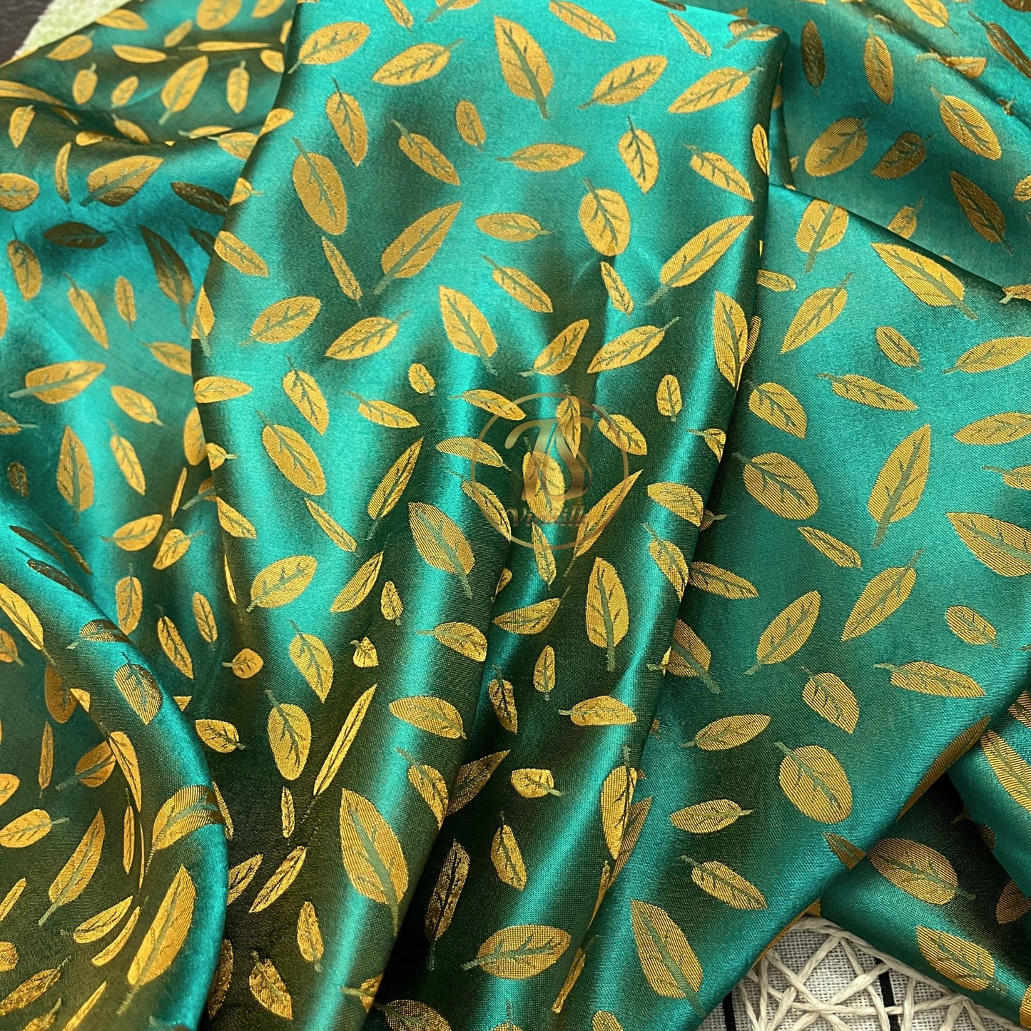 Green yellow silk fabric with mulberry white leaves pattern, Pure mulberry silk, Handmade fabric, Organic fiber, Vintage textile