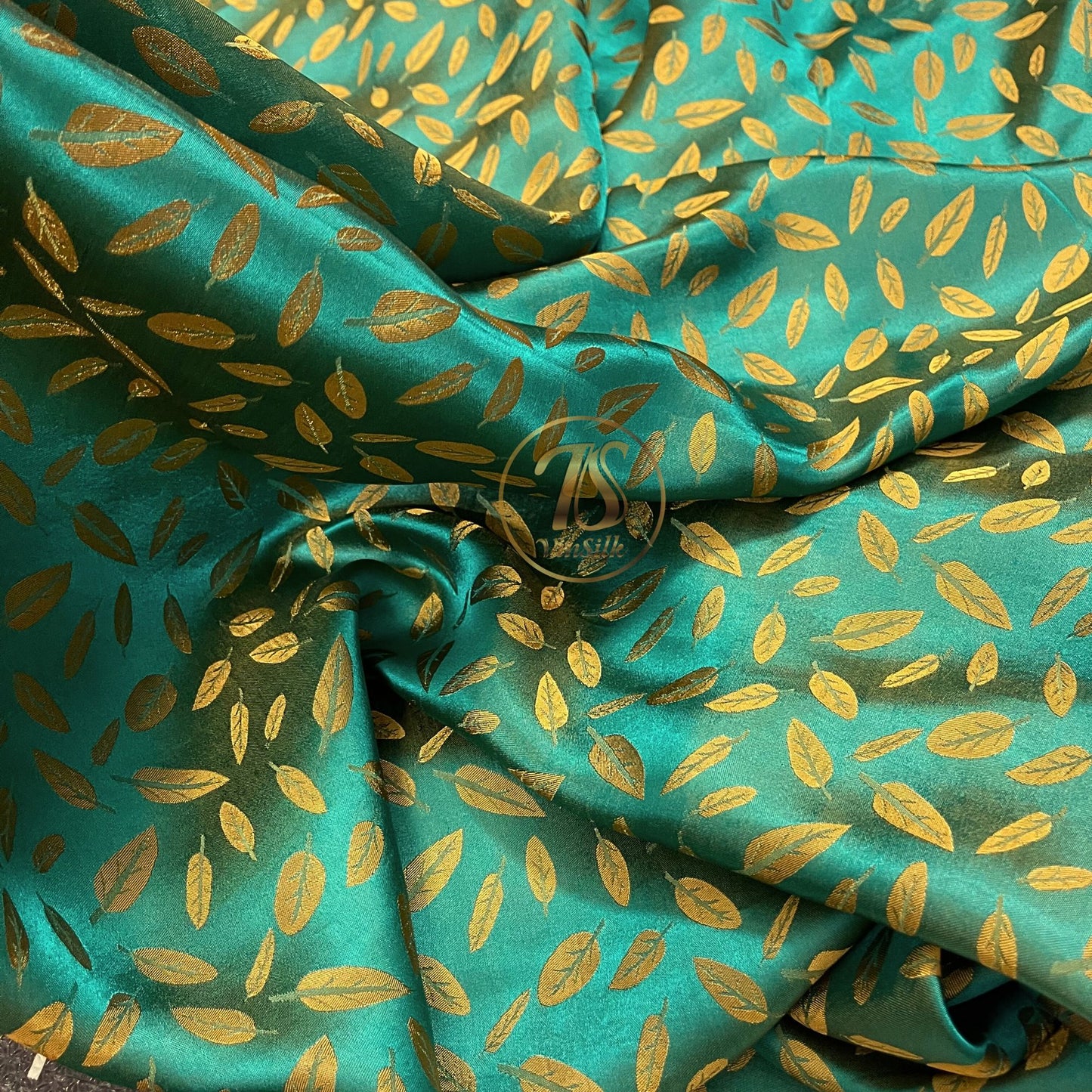 Green yellow silk fabric with mulberry white leaves pattern, Pure mulberry silk, Handmade fabric, Organic fiber, Vintage textile