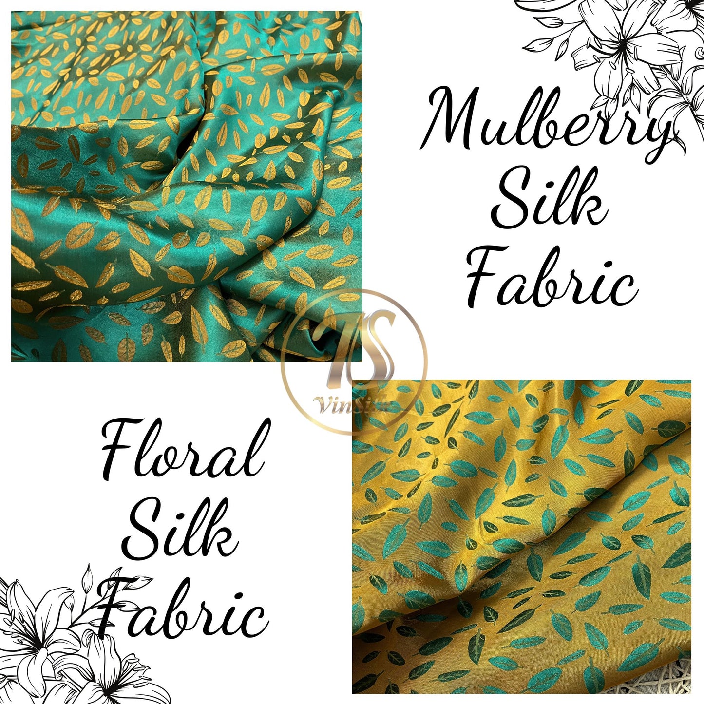 Green yellow silk fabric with mulberry white leaves pattern, Pure mulberry silk, Handmade fabric, Organic fiber, Vintage textile