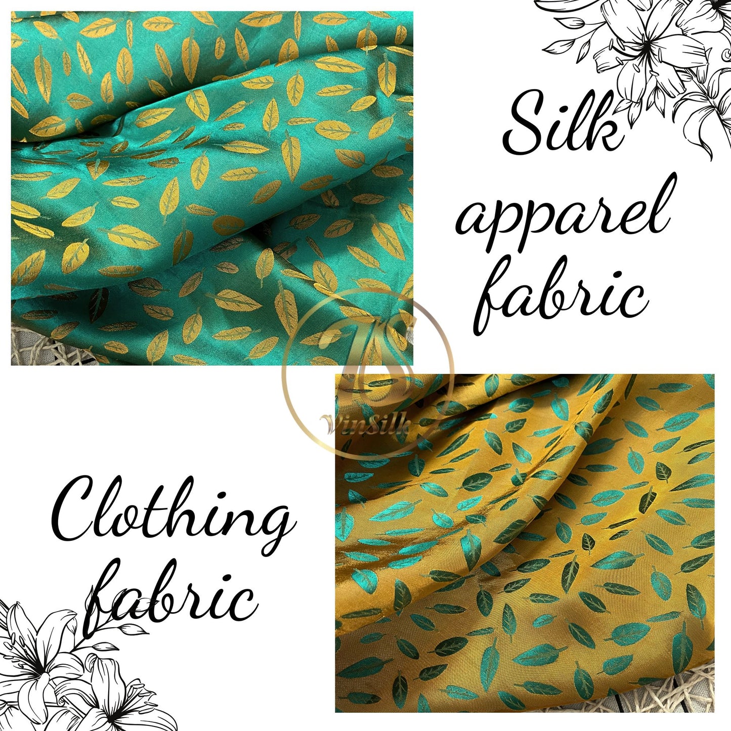 Green yellow silk fabric with mulberry white leaves pattern, Pure mulberry silk, Handmade fabric, Organic fiber, Vintage textile