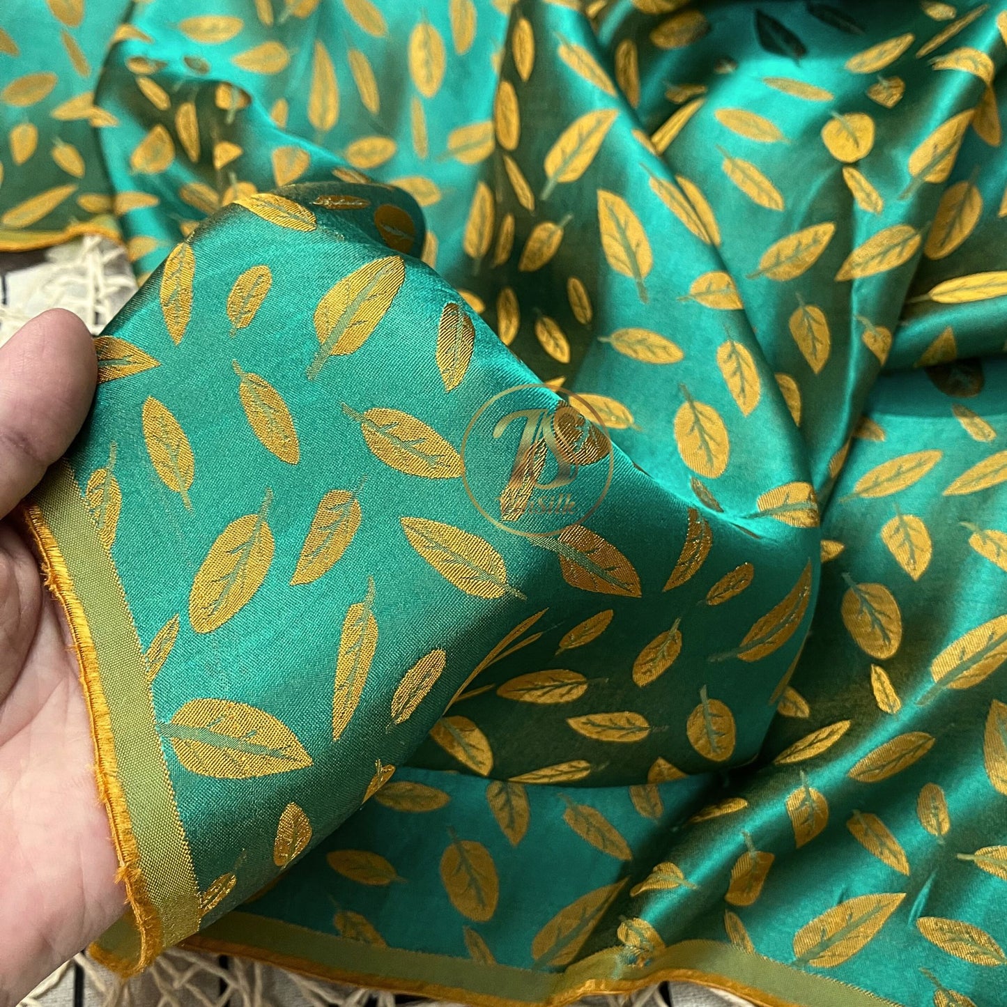 Green yellow silk fabric with mulberry white leaves pattern, Pure mulberry silk, Handmade fabric, Organic fiber, Vintage textile