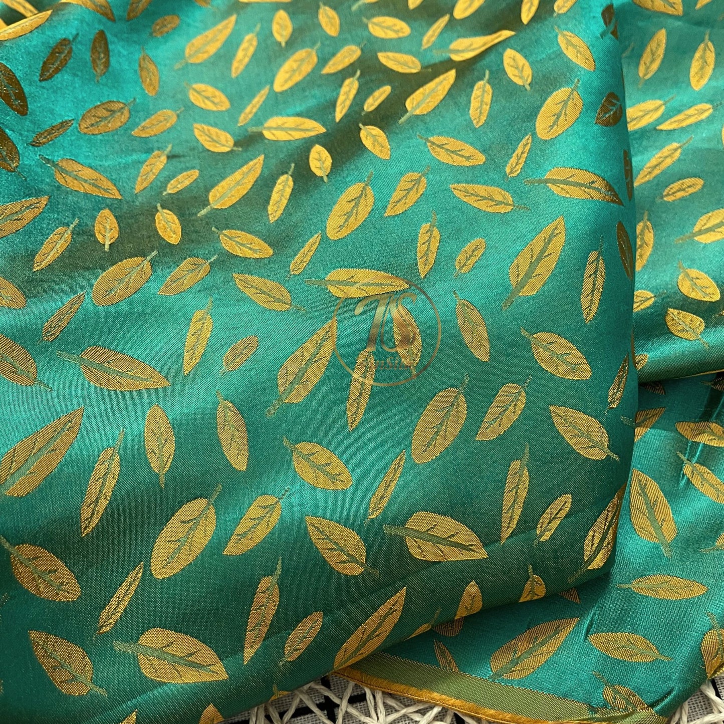 Green yellow silk fabric with mulberry white leaves pattern, Pure mulberry silk, Handmade fabric, Organic fiber, Vintage textile