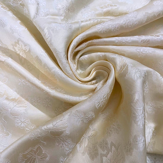 a cream silk fabric with mulberry leaf pattern, Pure mulberry silk, Handmade fabric, Organic fiber, Vintage textile