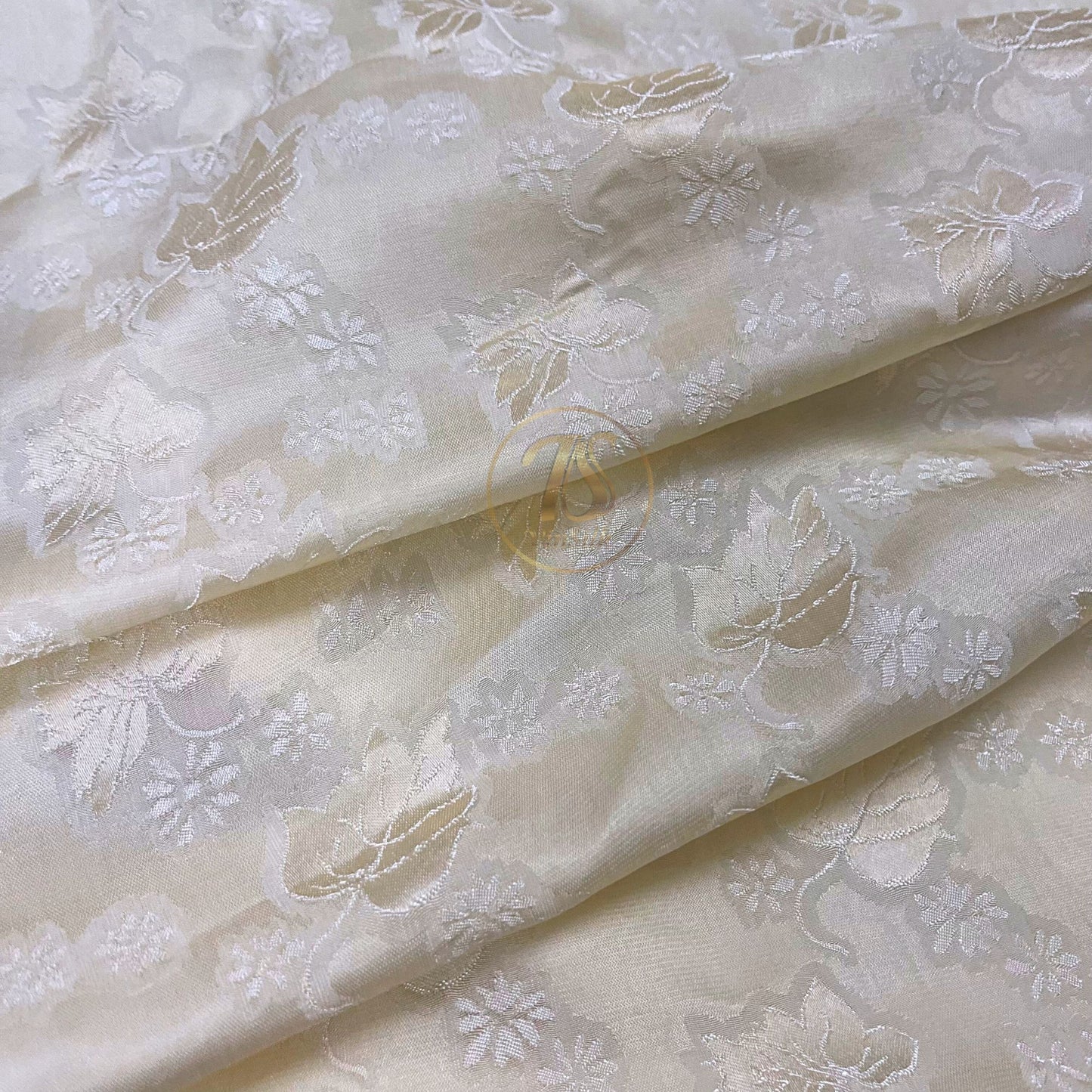 a cream silk fabric with mulberry leaf pattern, Pure mulberry silk, Handmade fabric, Organic fiber, Vintage textile