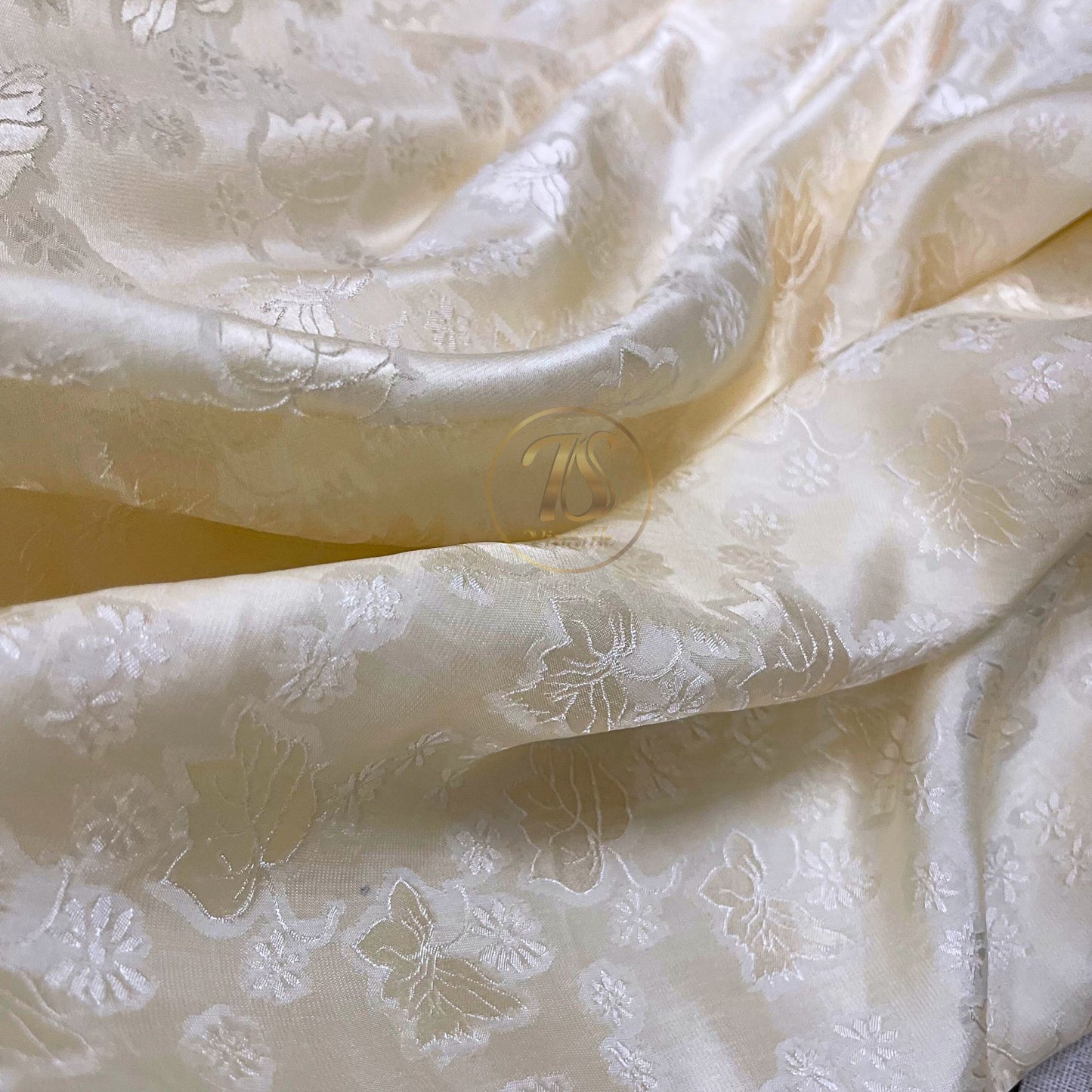 a cream silk fabric with mulberry leaf pattern, Pure mulberry silk, Handmade fabric, Organic fiber, Vintage textile