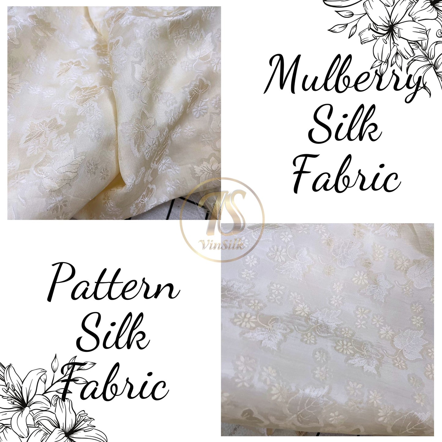 a cream silk fabric with mulberry leaf pattern, Pure mulberry silk, Handmade fabric, Organic fiber, Vintage textile