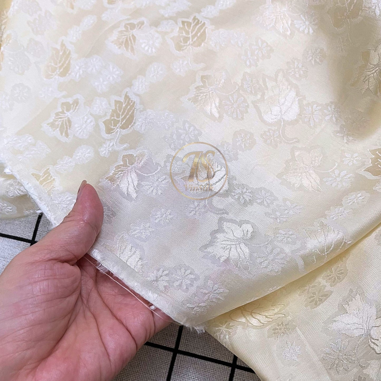 a cream silk fabric with mulberry leaf pattern, Pure mulberry silk, Handmade fabric, Organic fiber, Vintage textile