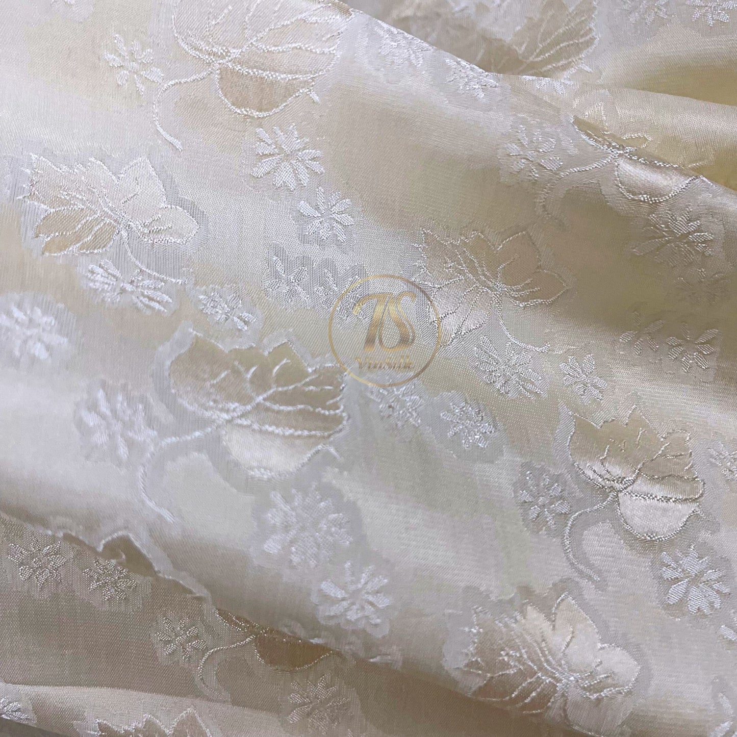 a cream silk fabric with mulberry leaf pattern, Pure mulberry silk, Handmade fabric, Organic fiber, Vintage textile