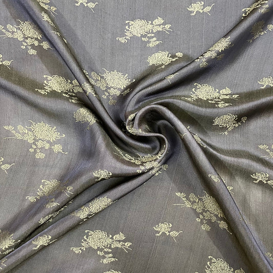 Gray silk with yellow flower  pattern fabric, handmade fabric, Organic fiber, Vintage textile, Wedding dress, Gift for women, personalized gift, fabric silk, floral fabric