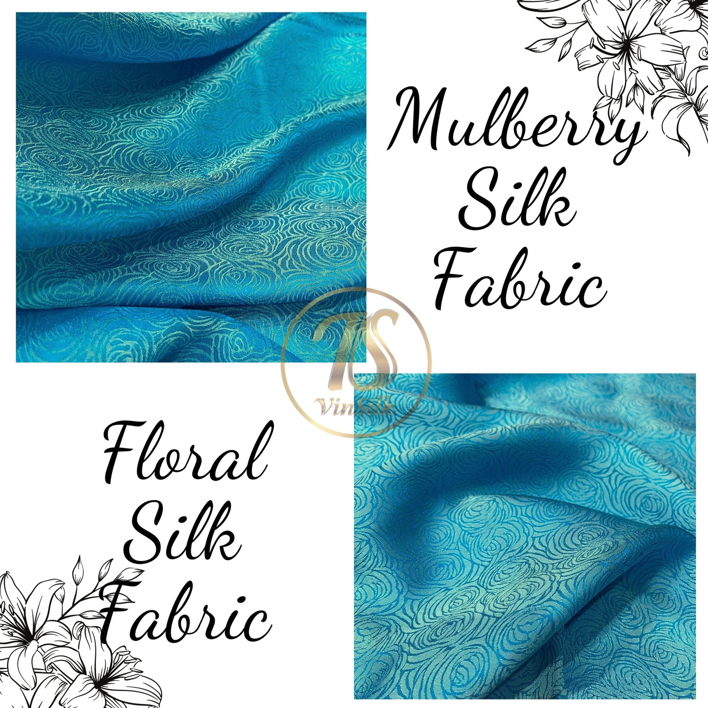 Light Blue fabric with mulberry cabbage pattern, Pure mulberry silk, Handmade fabric, Organic fiber