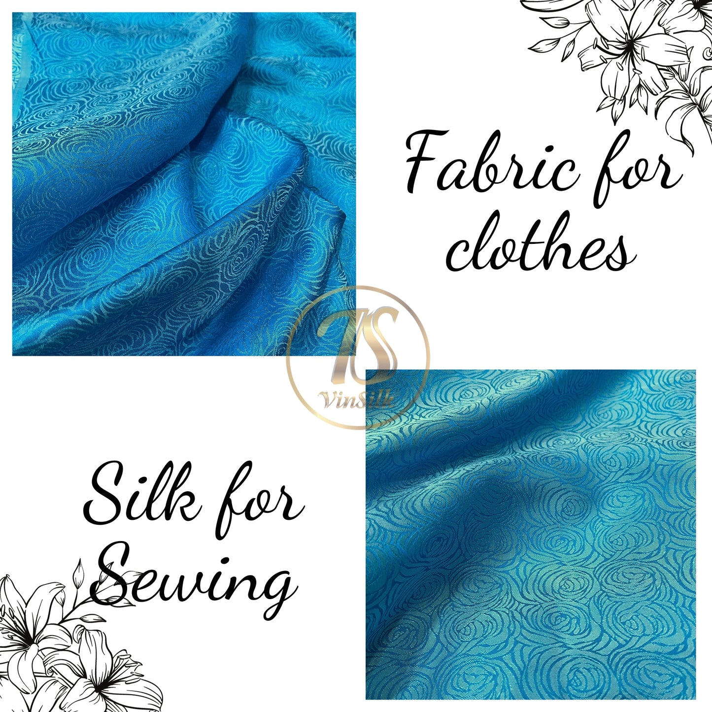 Light Blue fabric with mulberry cabbage pattern, Pure mulberry silk, Handmade fabric, Organic fiber