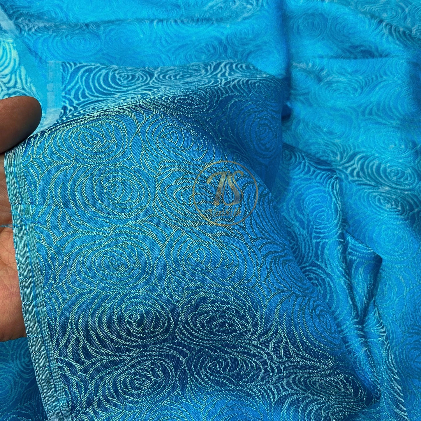 Light Blue fabric with mulberry cabbage pattern, Pure mulberry silk, Handmade fabric, Organic fiber