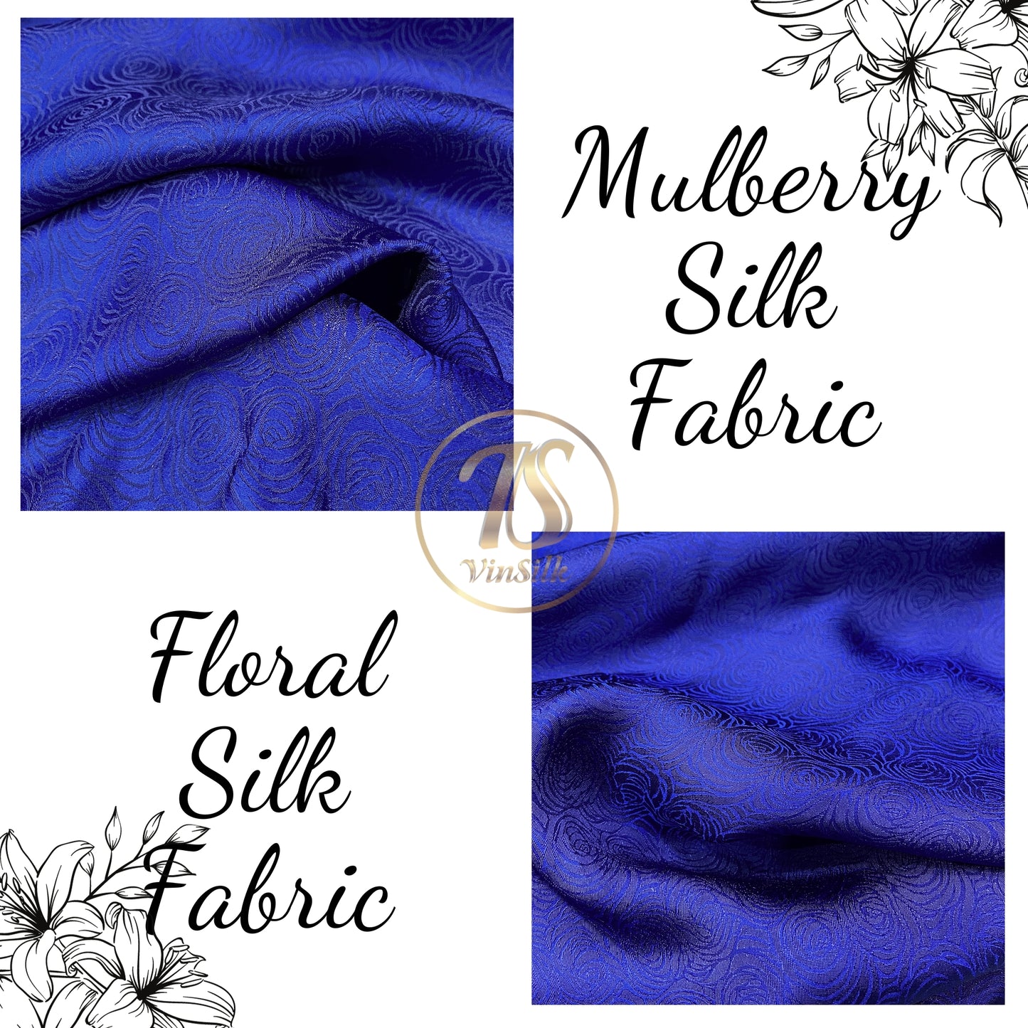 Blue fabric with mulberry cabbage pattern, Pure mulberry silk, Handmade fabric, Organic fiber