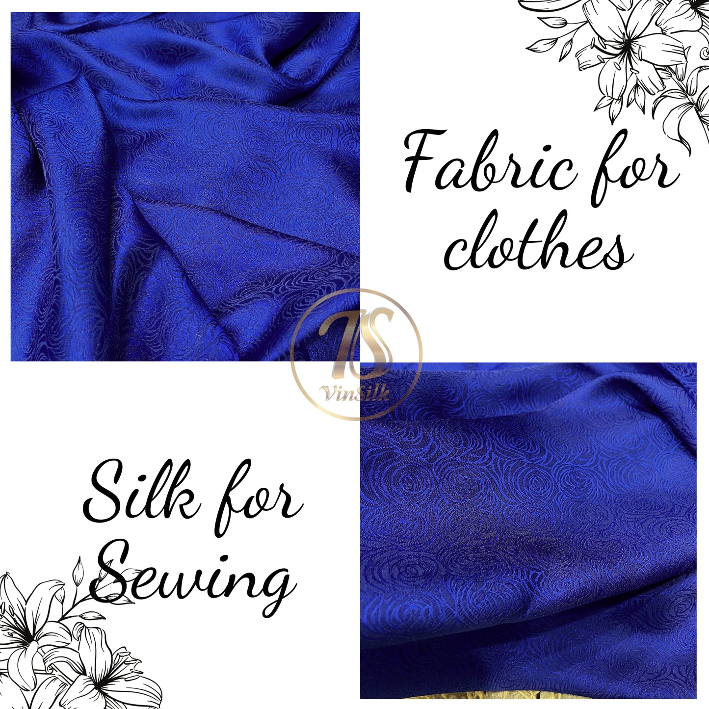 Blue fabric with mulberry cabbage pattern, Pure mulberry silk, Handmade fabric, Organic fiber