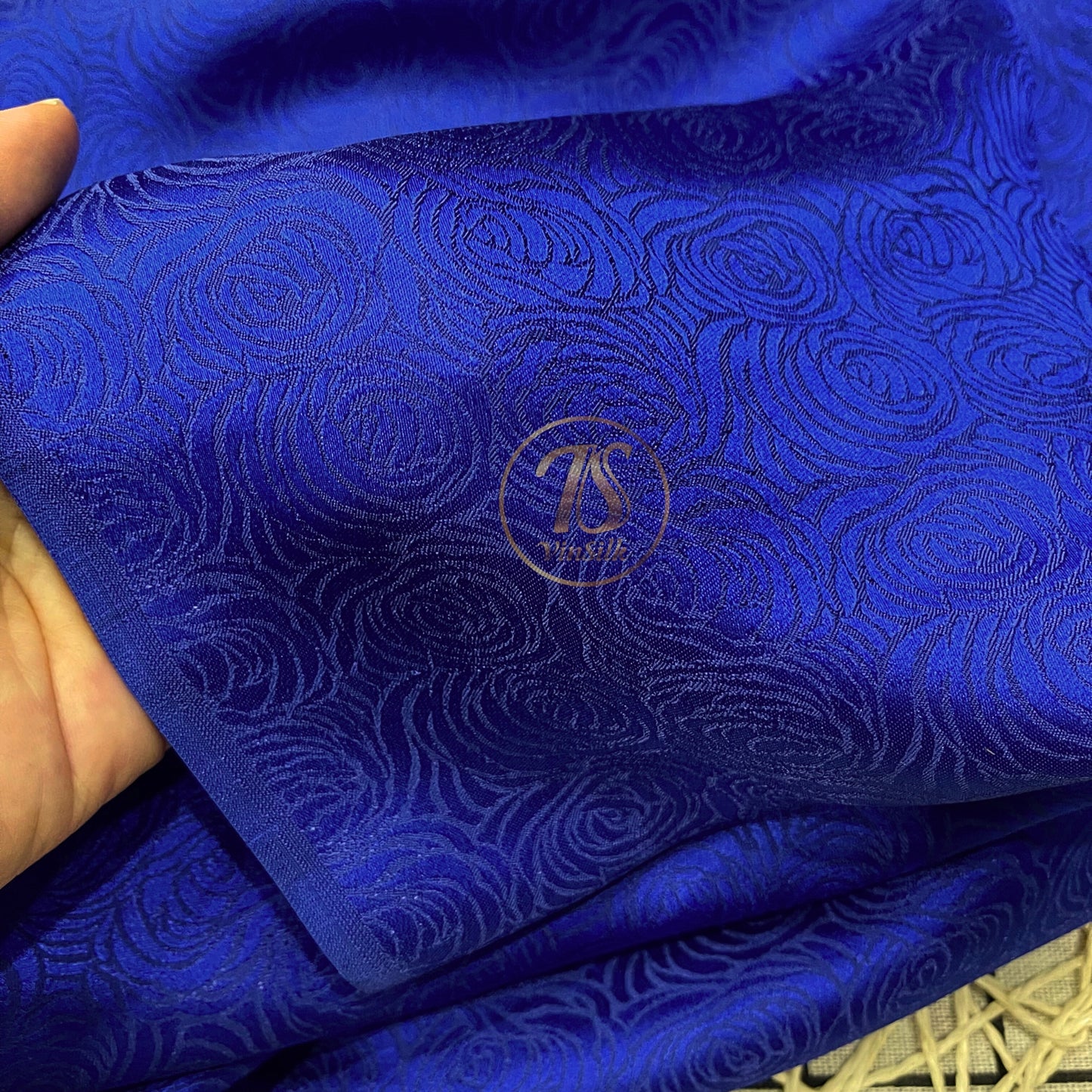 Blue fabric with mulberry cabbage pattern, Pure mulberry silk, Handmade fabric, Organic fiber
