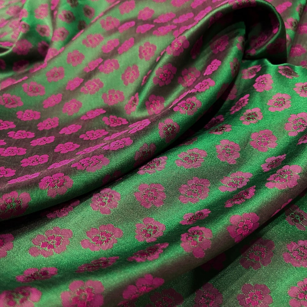 PURE MULBERRY SILK fabric by the yard, handmade fabric, Organic fiber, green silk with purple floral pattern, Wedding dress, Gift for women, personalized gift