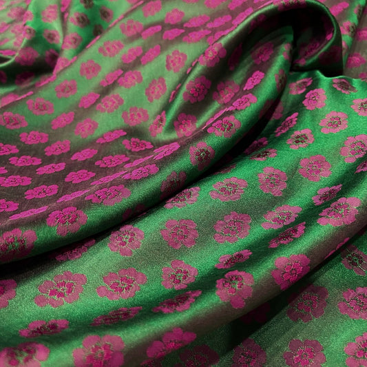 PURE MULBERRY SILK fabric by the yard, handmade fabric, Organic fiber, green silk with purple floral pattern, Wedding dress, Gift for women, personalized gift