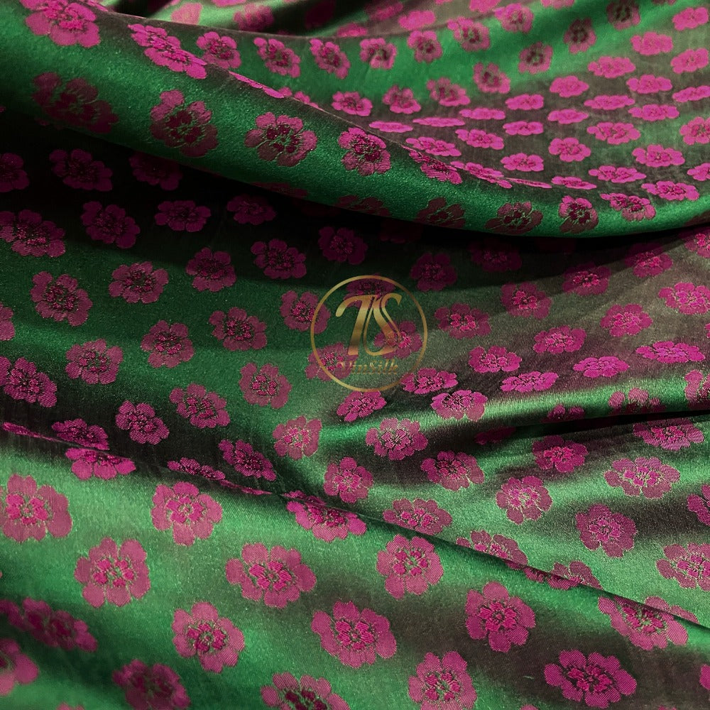 PURE MULBERRY SILK fabric by the yard, handmade fabric, Organic fiber, green silk with purple floral pattern, Wedding dress, Gift for women, personalized gift