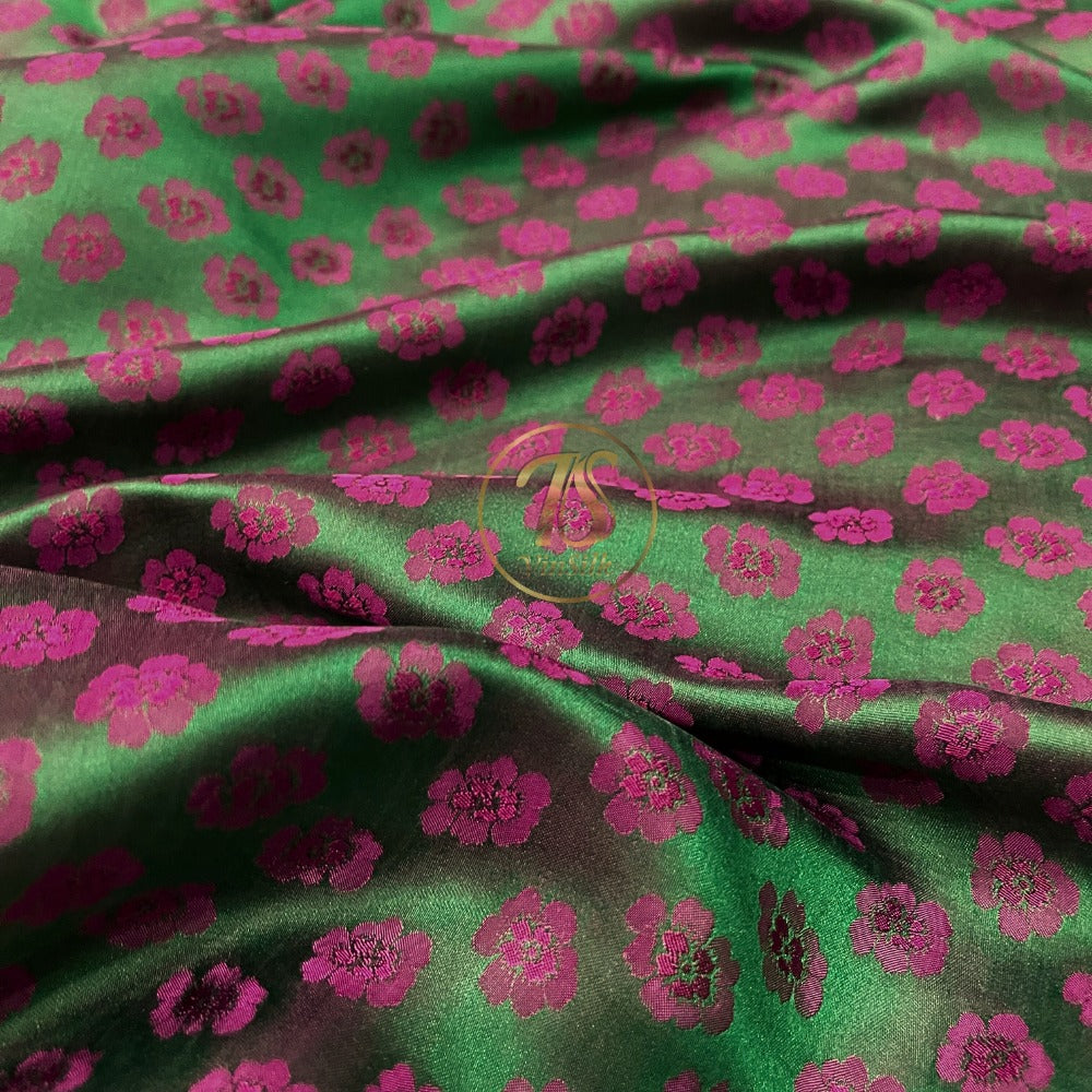 PURE MULBERRY SILK fabric by the yard, handmade fabric, Organic fiber, green silk with purple floral pattern, Wedding dress, Gift for women, personalized gift