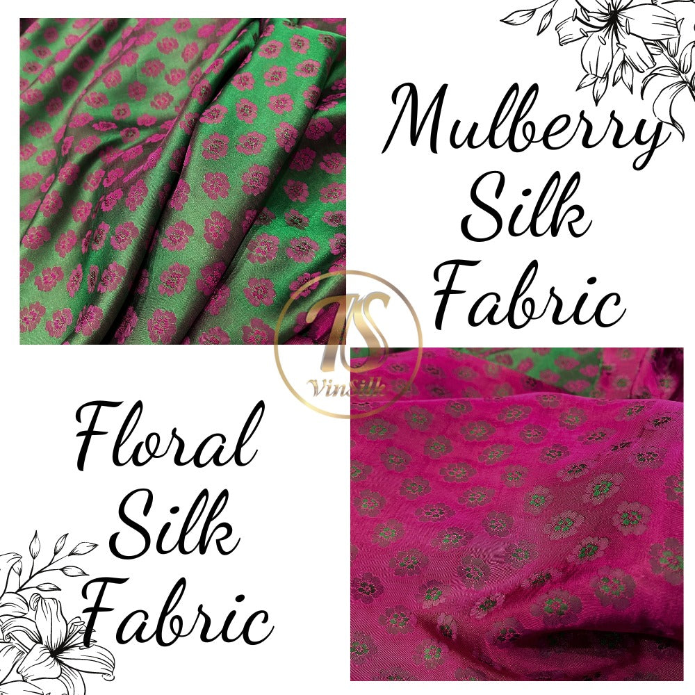 PURE MULBERRY SILK fabric by the yard, handmade fabric, Organic fiber, green silk with purple floral pattern, Wedding dress, Gift for women, personalized gift