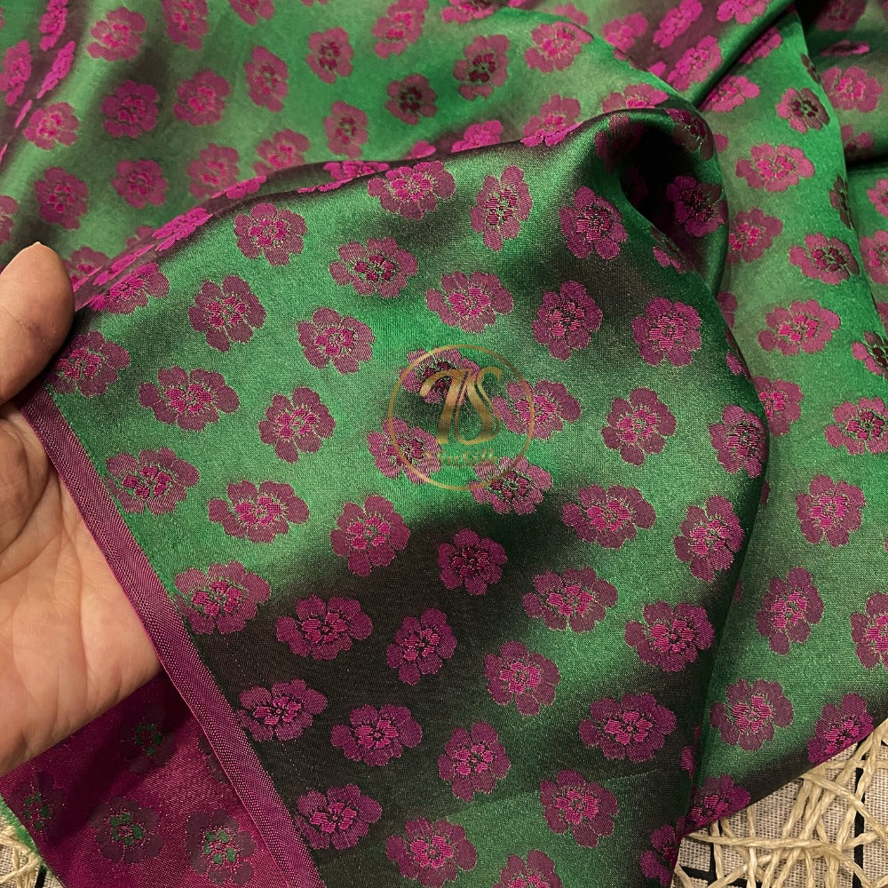 PURE MULBERRY SILK fabric by the yard, handmade fabric, Organic fiber, green silk with purple floral pattern, Wedding dress, Gift for women, personalized gift