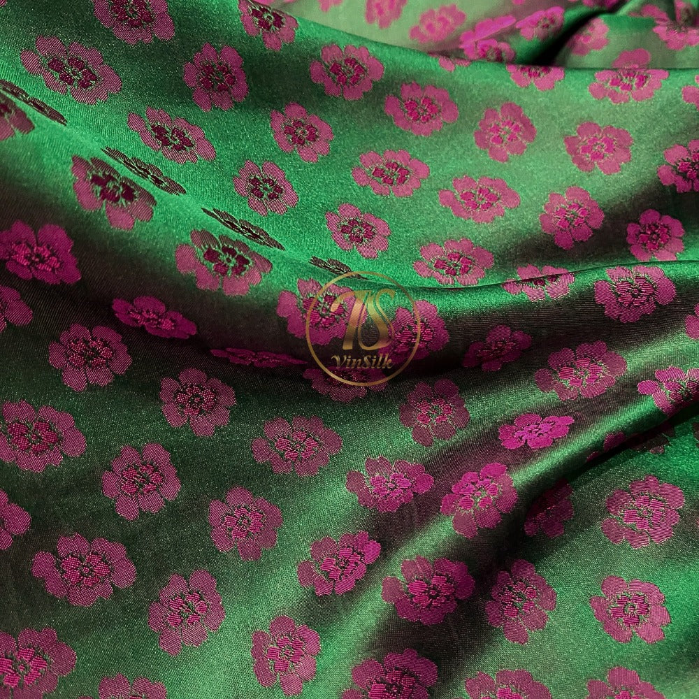 PURE MULBERRY SILK fabric by the yard, handmade fabric, Organic fiber, green silk with purple floral pattern, Wedding dress, Gift for women, personalized gift