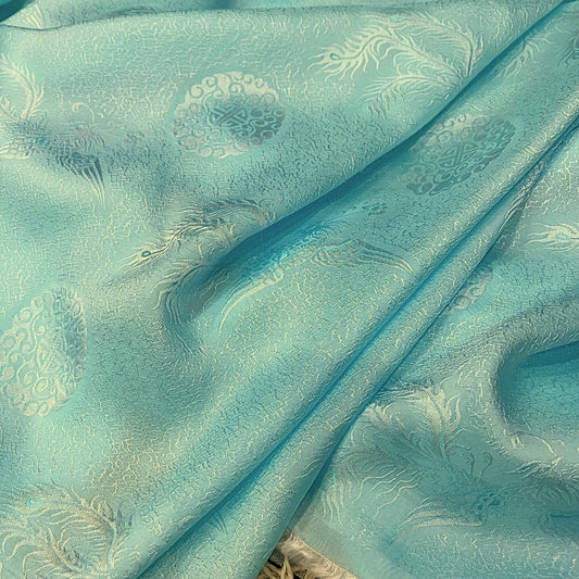 PURE MULBERRY SILK fabric by the yard, sky blue phoenix silk, handmade fabric, Organic fiber,  Wedding dress, Gift for women, personalized gift