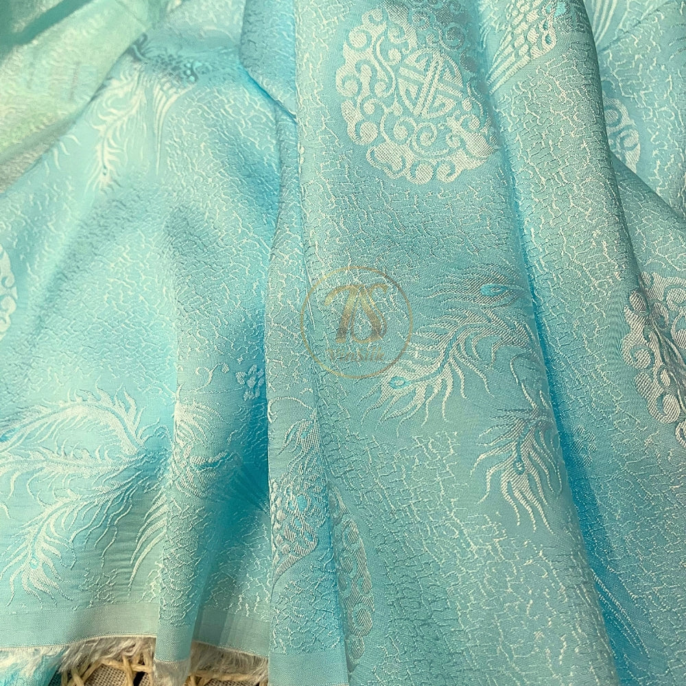 PURE MULBERRY SILK fabric by the yard, sky blue phoenix silk, handmade fabric, Organic fiber,  Wedding dress, Gift for women, personalized gift