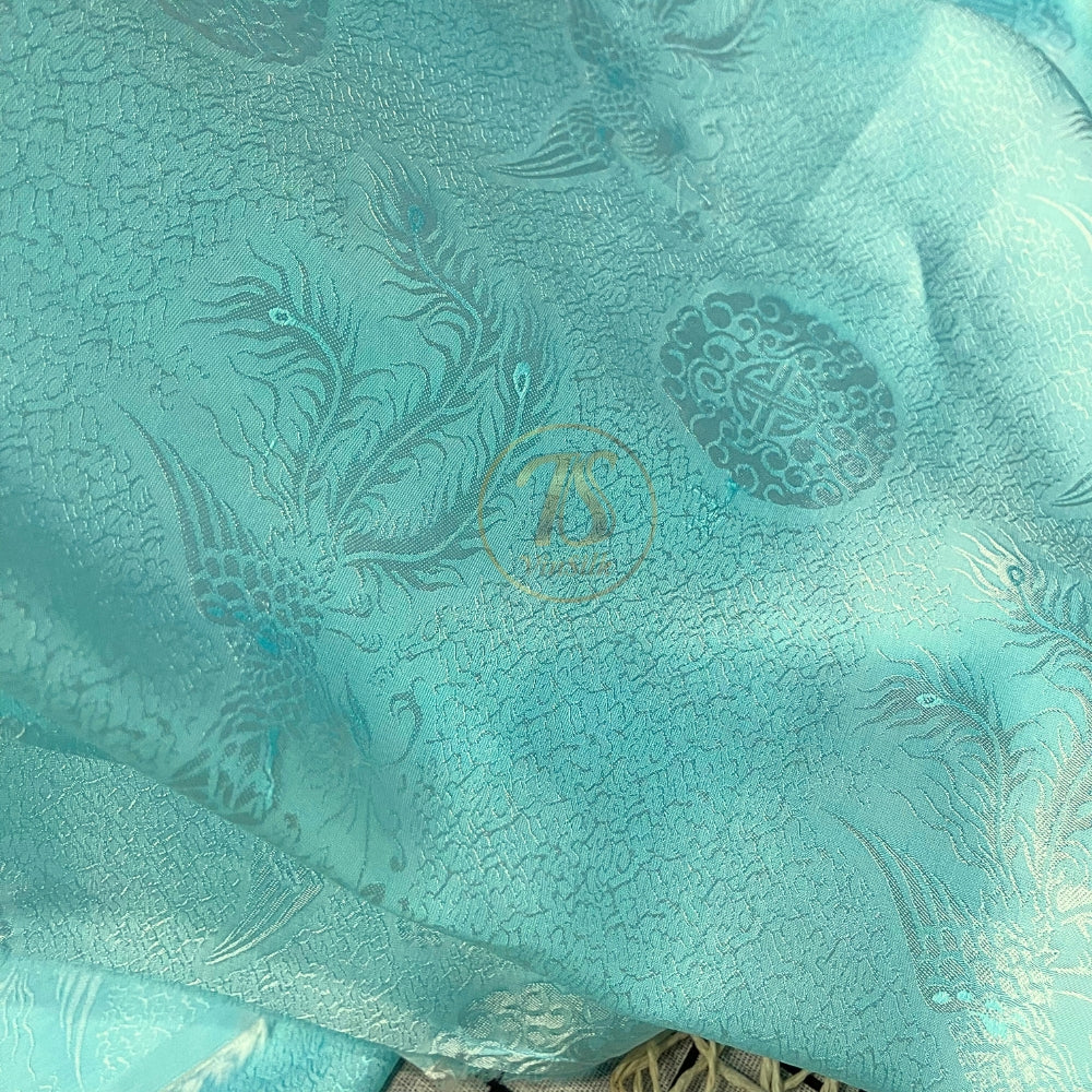 PURE MULBERRY SILK fabric by the yard, sky blue phoenix silk, handmade fabric, Organic fiber,  Wedding dress, Gift for women, personalized gift