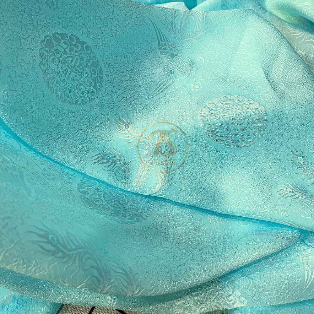PURE MULBERRY SILK fabric by the yard, sky blue phoenix silk, handmade fabric, Organic fiber,  Wedding dress, Gift for women, personalized gift