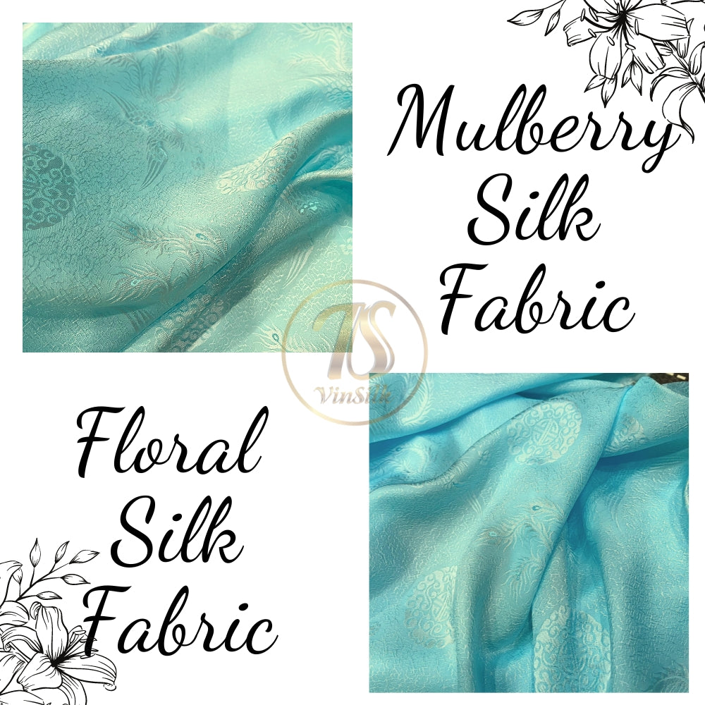 PURE MULBERRY SILK fabric by the yard, sky blue phoenix silk, handmade fabric, Organic fiber,  Wedding dress, Gift for women, personalized gift
