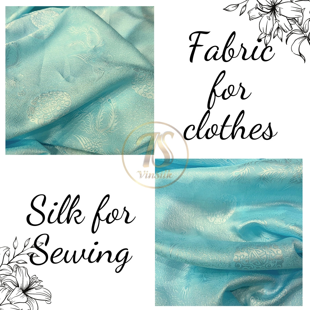 PURE MULBERRY SILK fabric by the yard, sky blue phoenix silk, handmade fabric, Organic fiber,  Wedding dress, Gift for women, personalized gift