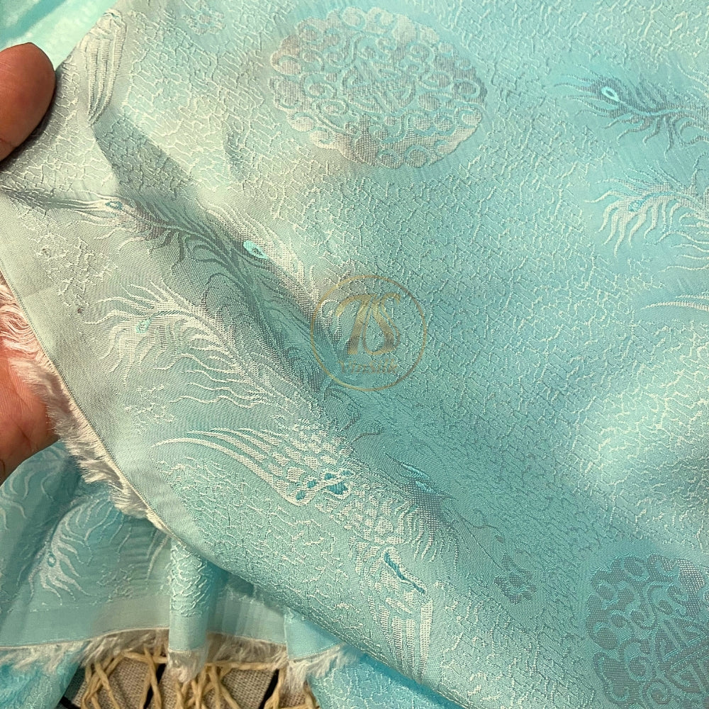 PURE MULBERRY SILK fabric by the yard, sky blue phoenix silk, handmade fabric, Organic fiber,  Wedding dress, Gift for women, personalized gift