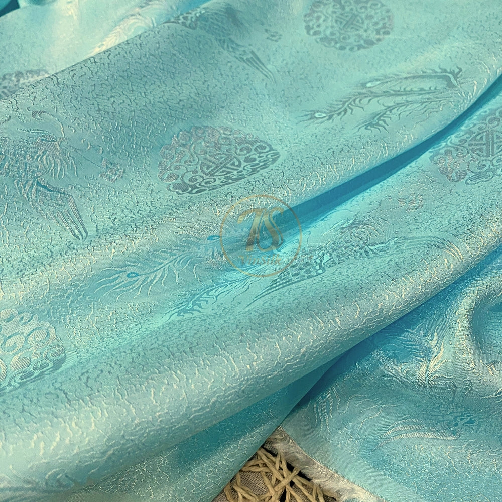 PURE MULBERRY SILK fabric by the yard, sky blue phoenix silk, handmade fabric, Organic fiber,  Wedding dress, Gift for women, personalized gift