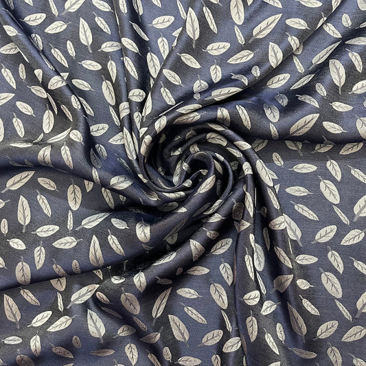 Dark Blue silk with white leaf  pattern fabric, Pure mulberry silk, Handmade fabric, Organic fiber, Vintage textile, Dress making, Gift for women, Silk dress