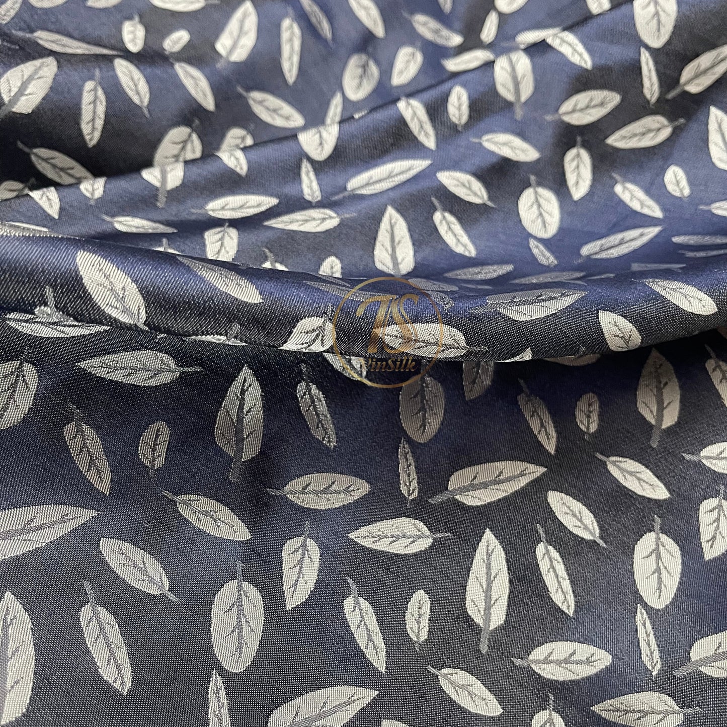 Dark Blue silk with white leaf  pattern fabric, Pure mulberry silk, Handmade fabric, Organic fiber, Vintage textile, Dress making, Gift for women, Silk dress