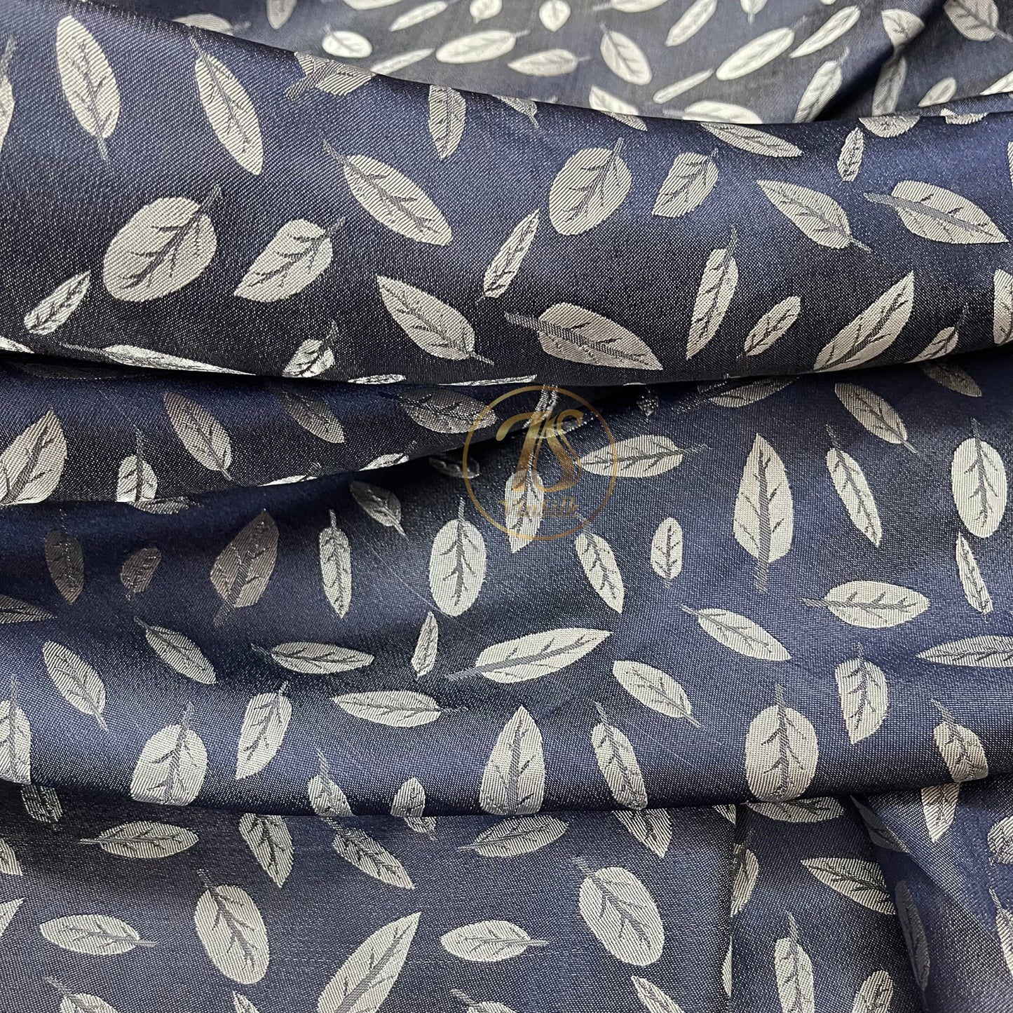 Dark Blue silk with white leaf  pattern fabric, Pure mulberry silk, Handmade fabric, Organic fiber, Vintage textile, Dress making, Gift for women, Silk dress