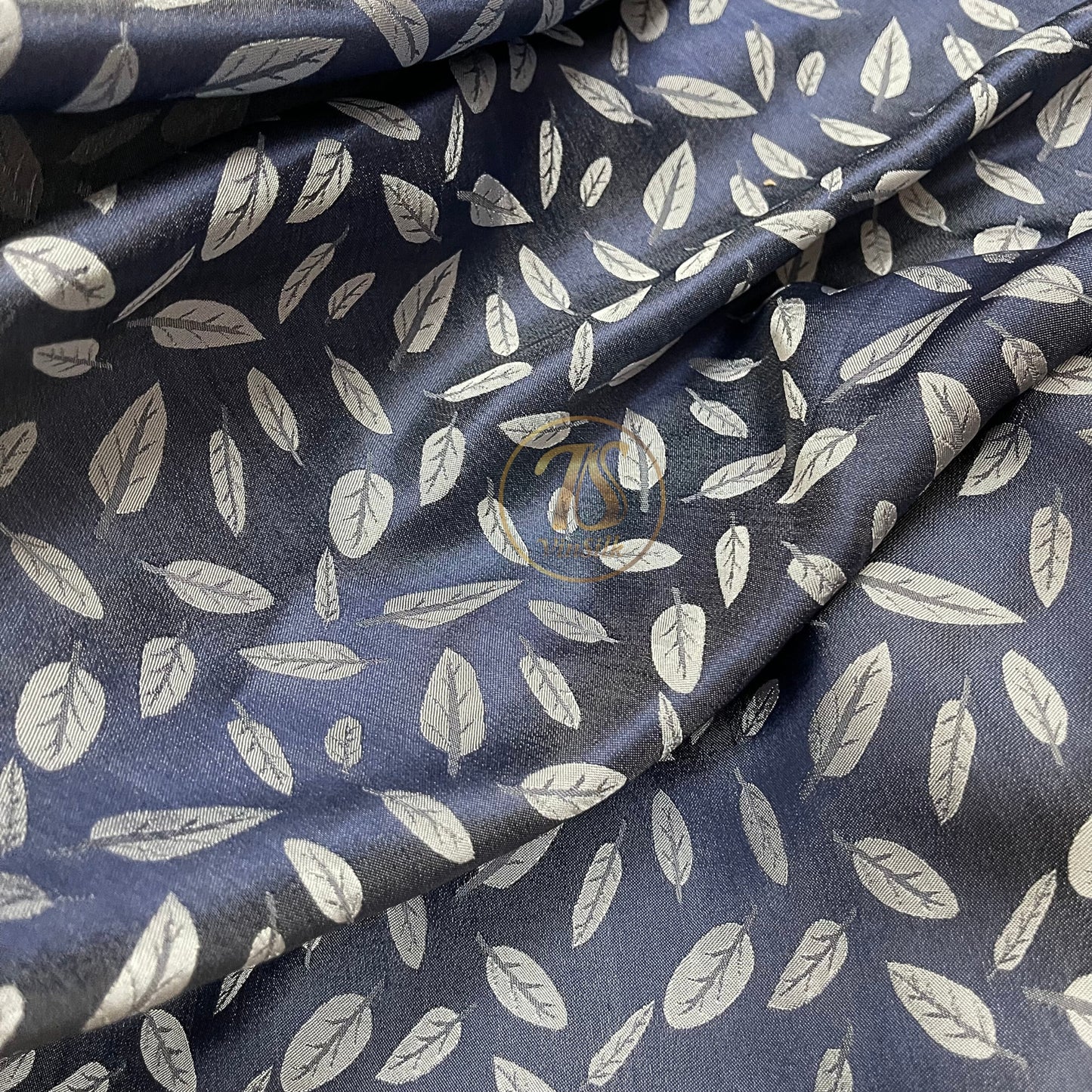 Dark Blue silk with white leaf  pattern fabric, Pure mulberry silk, Handmade fabric, Organic fiber, Vintage textile, Dress making, Gift for women, Silk dress
