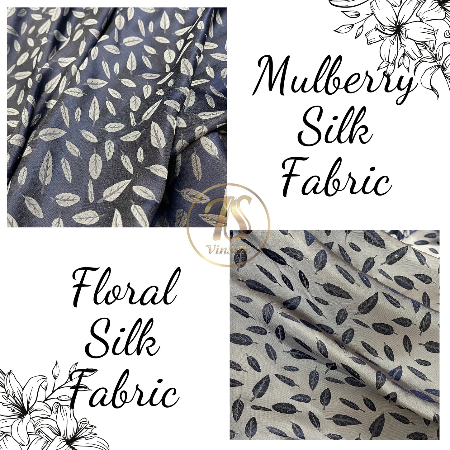 Dark Blue silk with white leaf  pattern fabric, Pure mulberry silk, Handmade fabric, Organic fiber, Vintage textile, Dress making, Gift for women, Silk dress