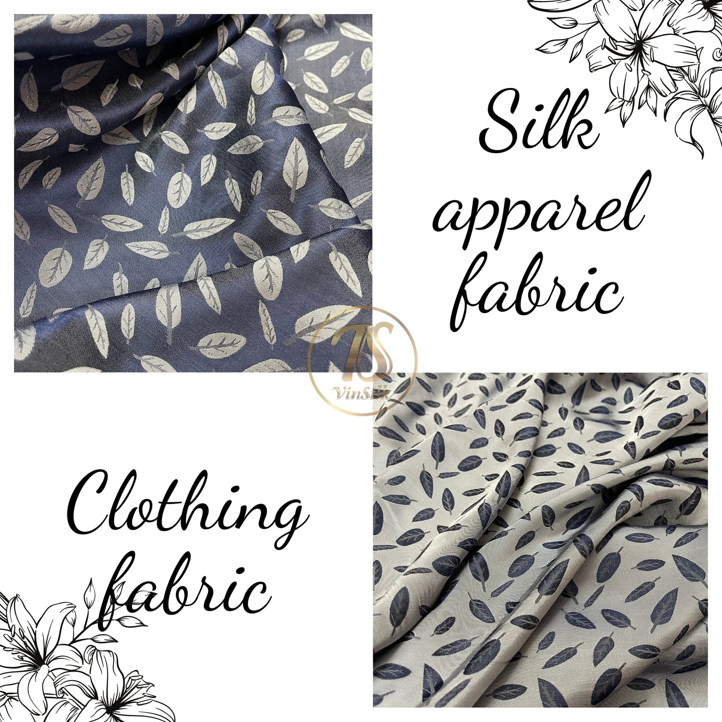 Dark Blue silk with white leaf  pattern fabric, Pure mulberry silk, Handmade fabric, Organic fiber, Vintage textile, Dress making, Gift for women, Silk dress