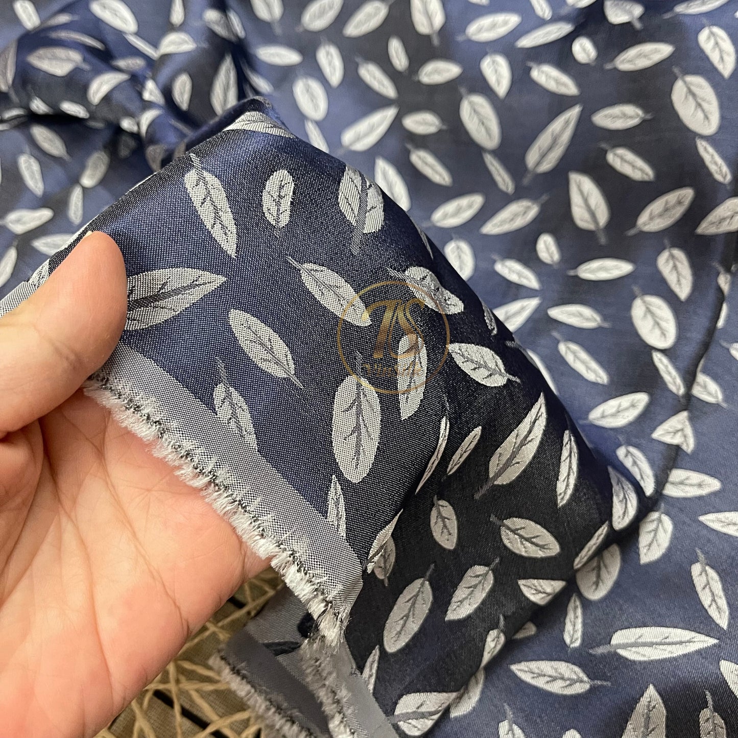 Dark Blue silk with white leaf  pattern fabric, Pure mulberry silk, Handmade fabric, Organic fiber, Vintage textile, Dress making, Gift for women, Silk dress