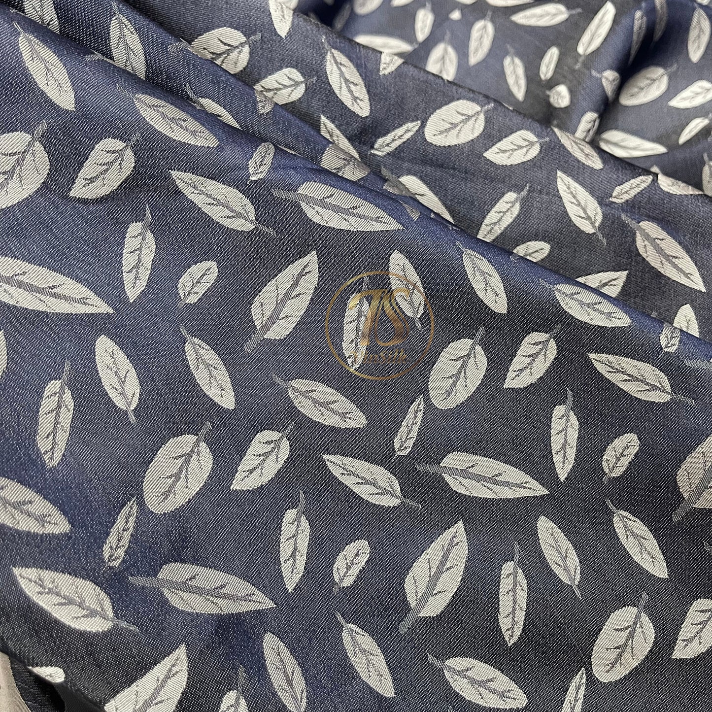 Dark Blue silk with white leaf  pattern fabric, Pure mulberry silk, Handmade fabric, Organic fiber, Vintage textile, Dress making, Gift for women, Silk dress
