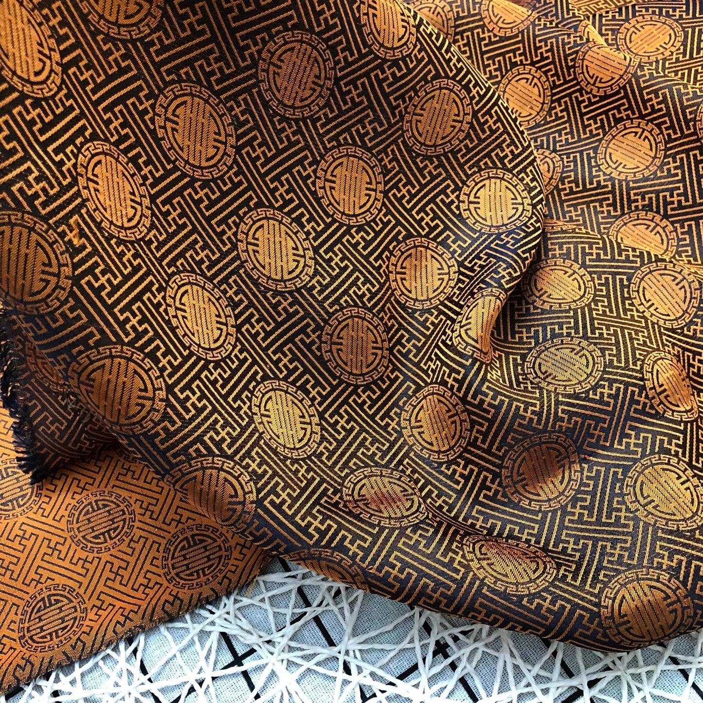 Yellow brown silk with chiness seal pattern, Floral silk fabric, Pure mulberry silk, Handmade fabric, Organic fiber