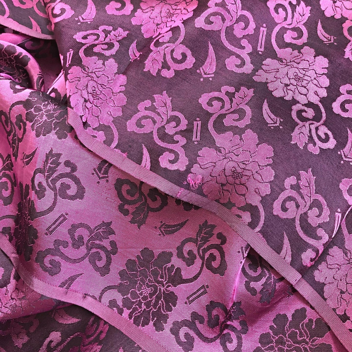 Dark pink fabric with rose blossom pattern, Pure mulberry silk, Handmade fabric, Organic fiber