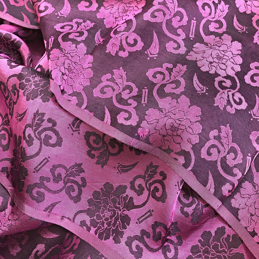 Dark pink fabric with rose blossom pattern, Pure mulberry silk, Handmade fabric, Organic fiber