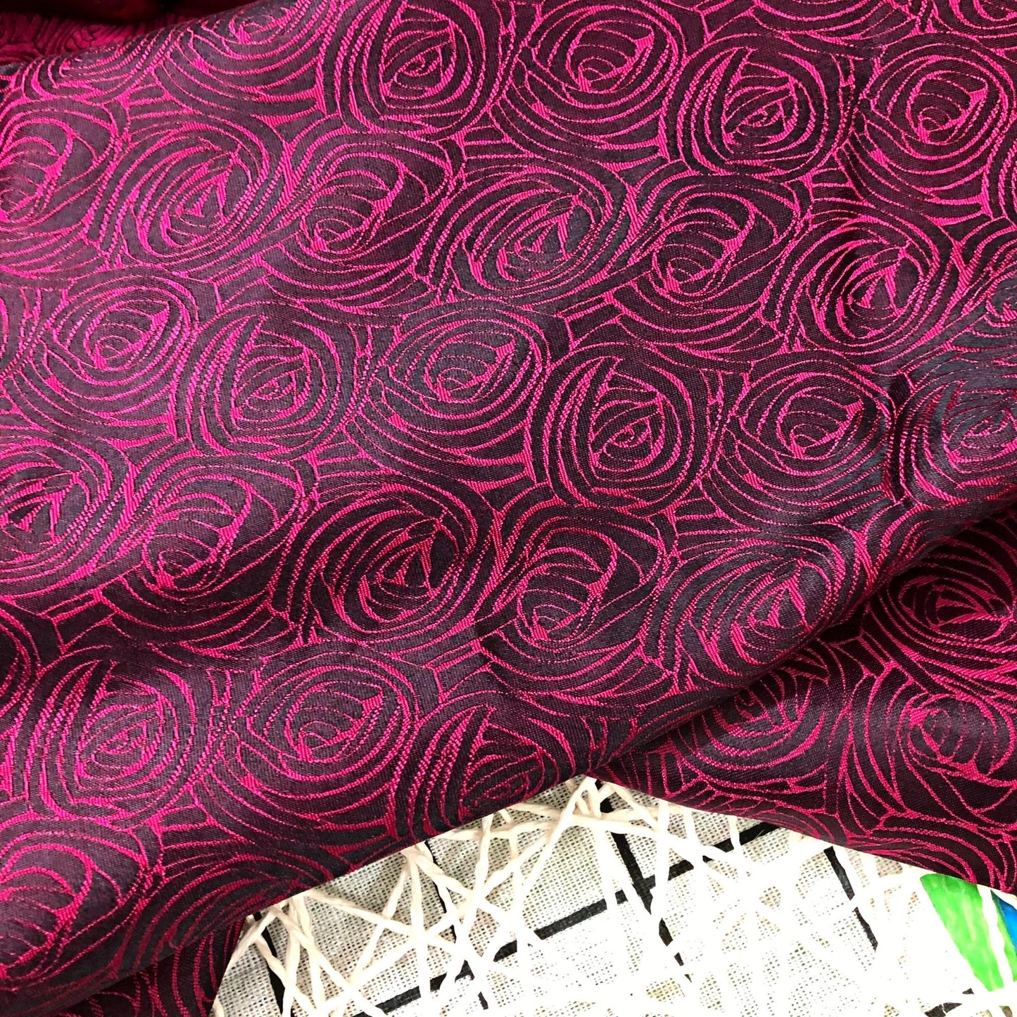 Dark pink silk fabric with mulberry cabbage pattern, Pure mulberry silk, Handmade fabric, Organic fiber