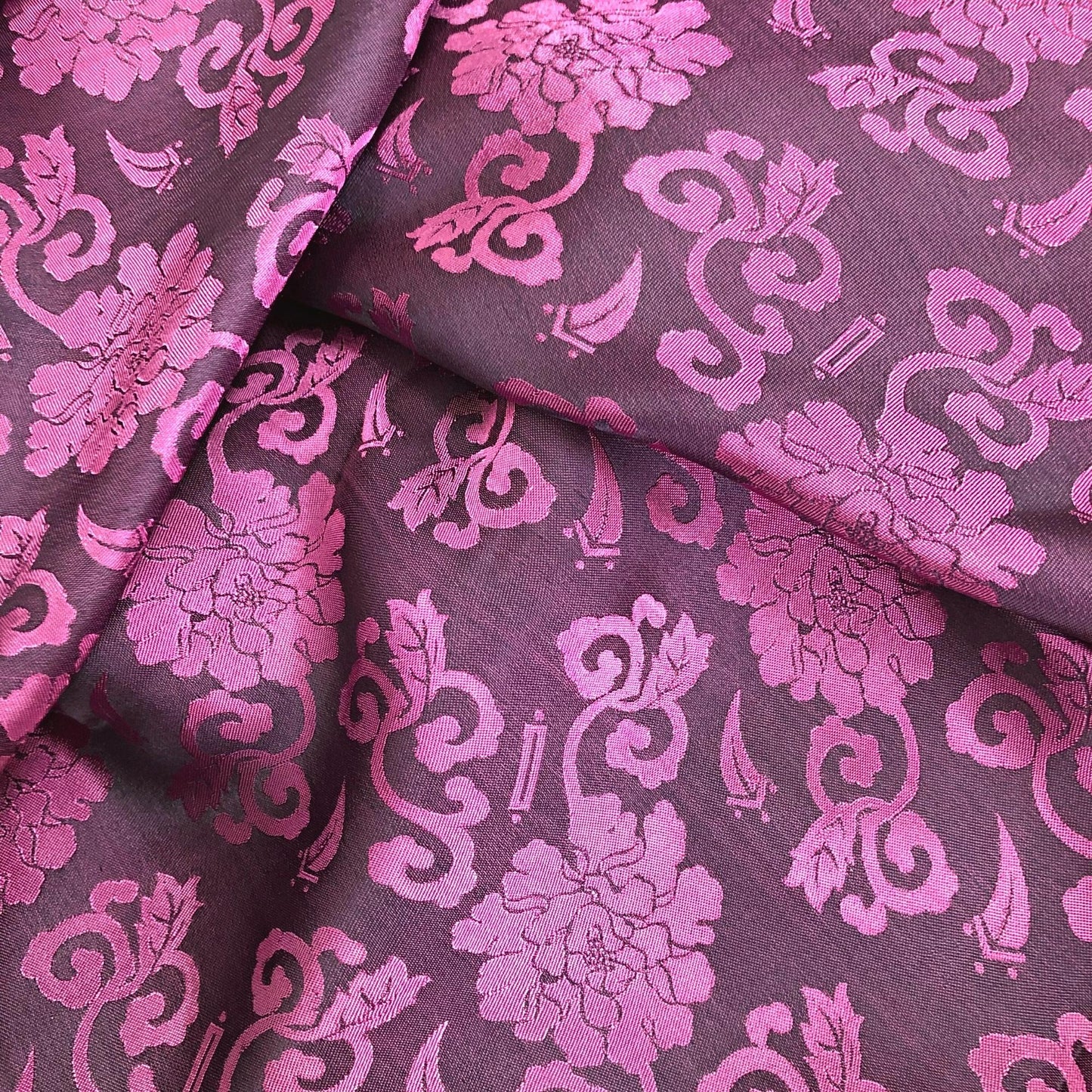 Dark pink fabric with rose blossom pattern, Pure mulberry silk, Handmade fabric, Organic fiber
